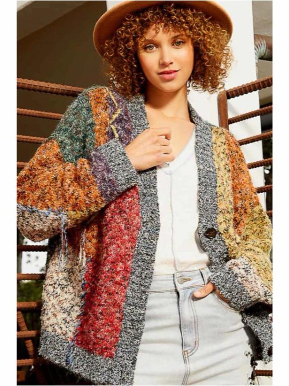 POL Multicolor Patchwork Chenille Oversized V-Neck Cardigan-NWOT-Sz L